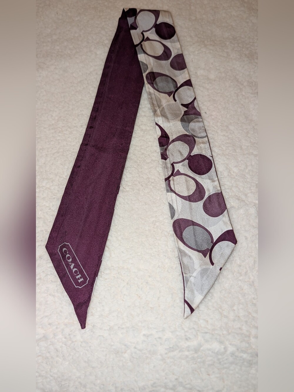 Coach Skinny Scarf Signature Print Silk Plum Silver GUC